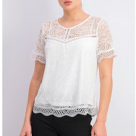 Laundry by Shelli Segal Cloverfield White Lace Overlay Feminine Blouse - Picture 1 of 14